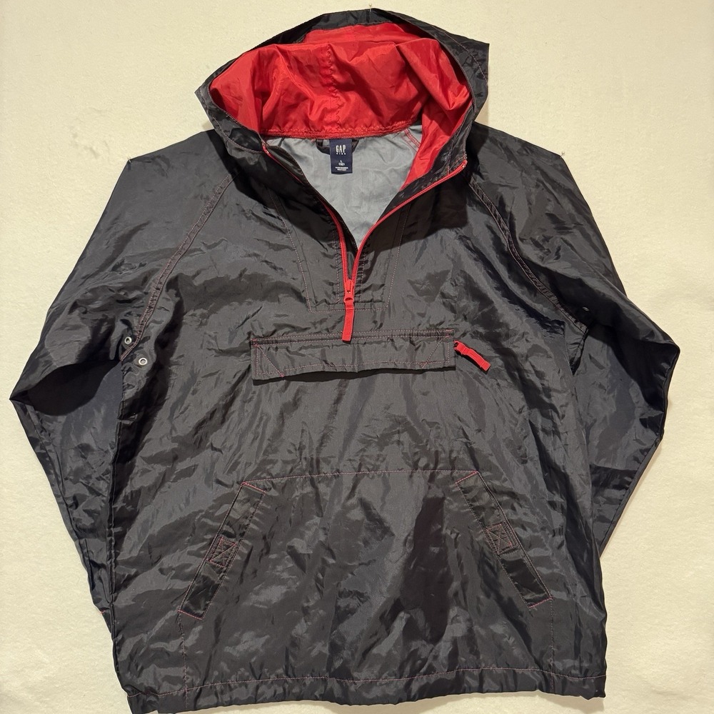 GAP Navy Blue Pullover Hooded Windbreaker Anorak L Red Stiching 1/4 Zip‎ Pocket